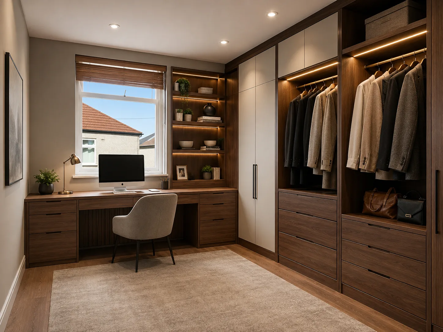 Walnut home office and walk-in closet with integrated lighting