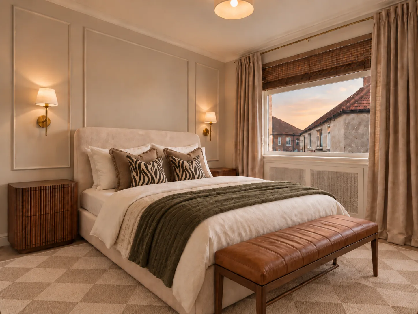 Bedroom with zebra pillows and leather bench