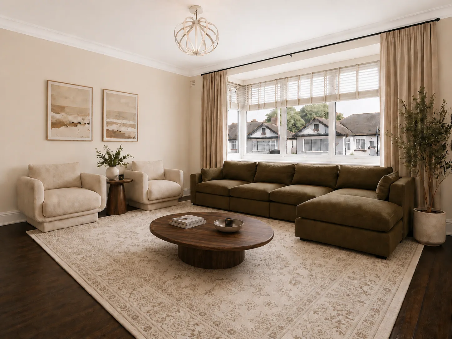 Living room with olive sectional and round coffee table