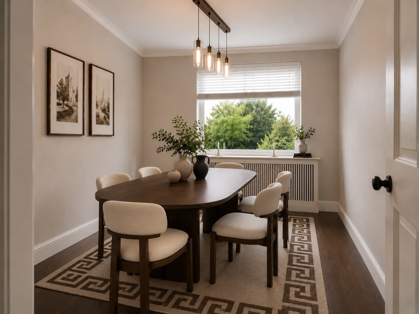 Dining room with dark wood table and pendant lighting