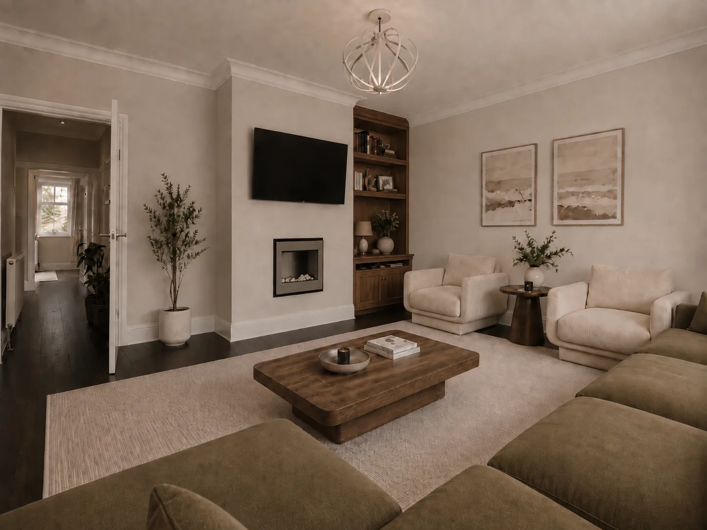 Living room retreat with fireplace and built-in shelving